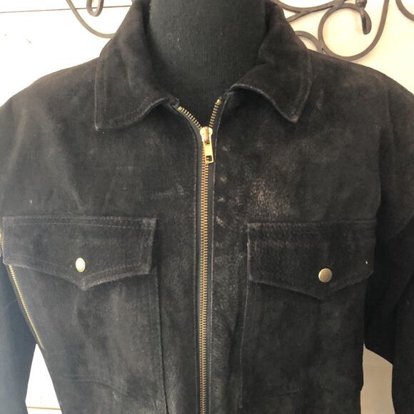 Vintage 90s black short leather suede moto style jacket women's size 9 - Picture 2 of 5